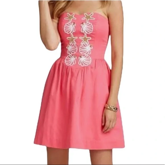 Lilly Pulitzer | Dresses | Lilly Pulitzer Mayfield Pink Salmon Seeing Stars  Strapless Fit Flare Dress 4 | Poshmark